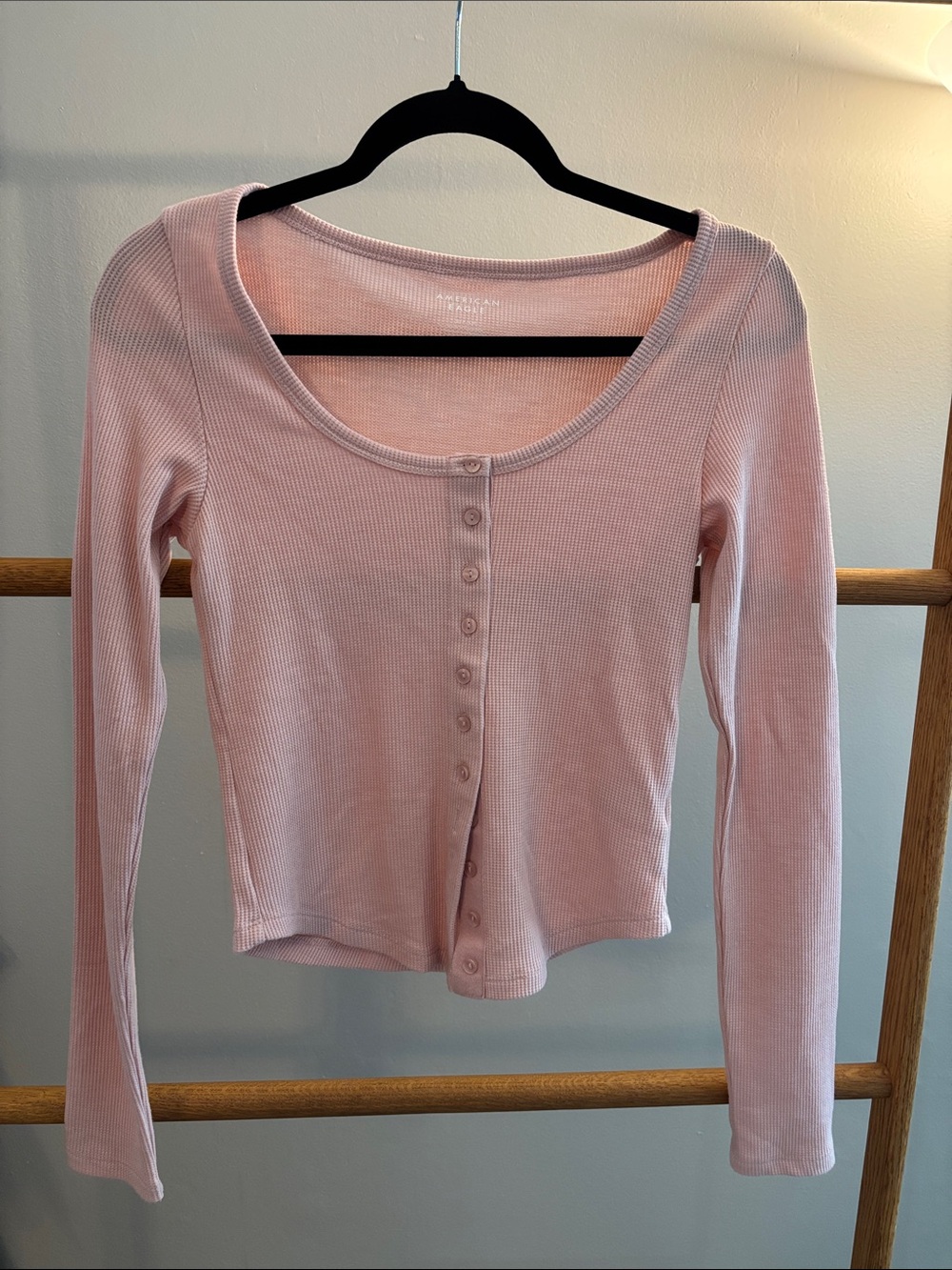 American Eagle Outfitters Light Pink Ribbed Button-Front Long Sleeve Top